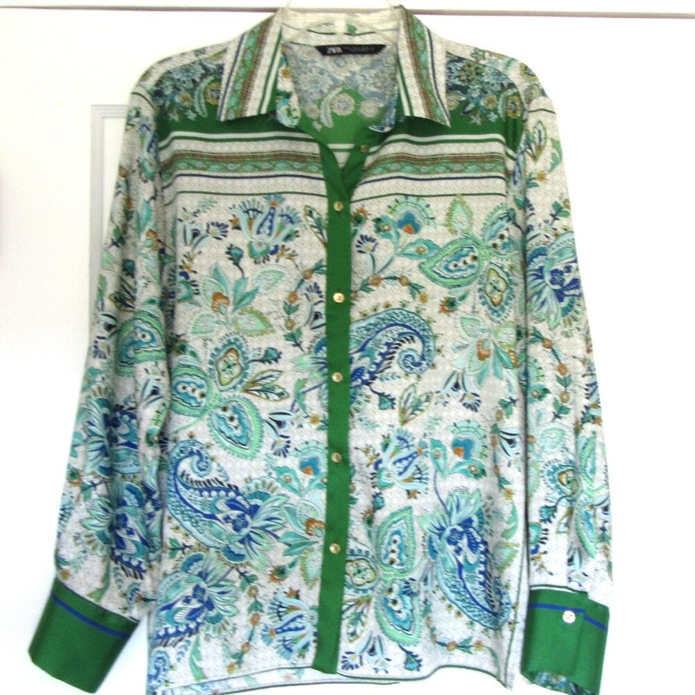 Zara Blouse, Green Paisley Print, Size Large